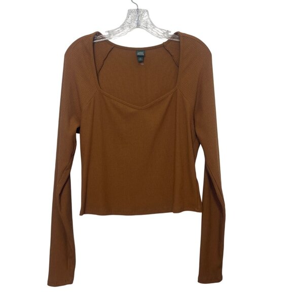 Wild Fable Womens Ribbed Long Sleeve Top XL Brown Rayon Spandex Blend Square Nec - Picture 1 of 6